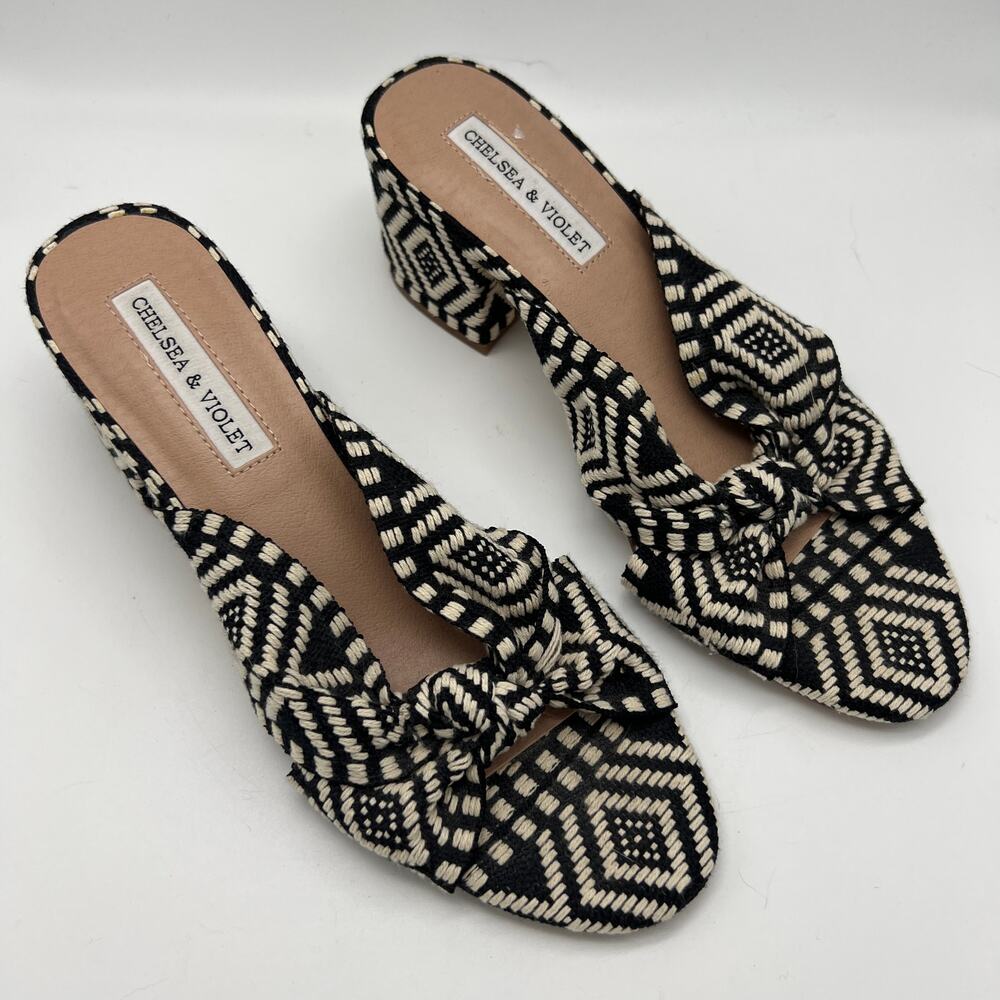 Chelsea & Violet Gia Knot Mules Sandals Stripes Print Black White Women's Sz 6.5